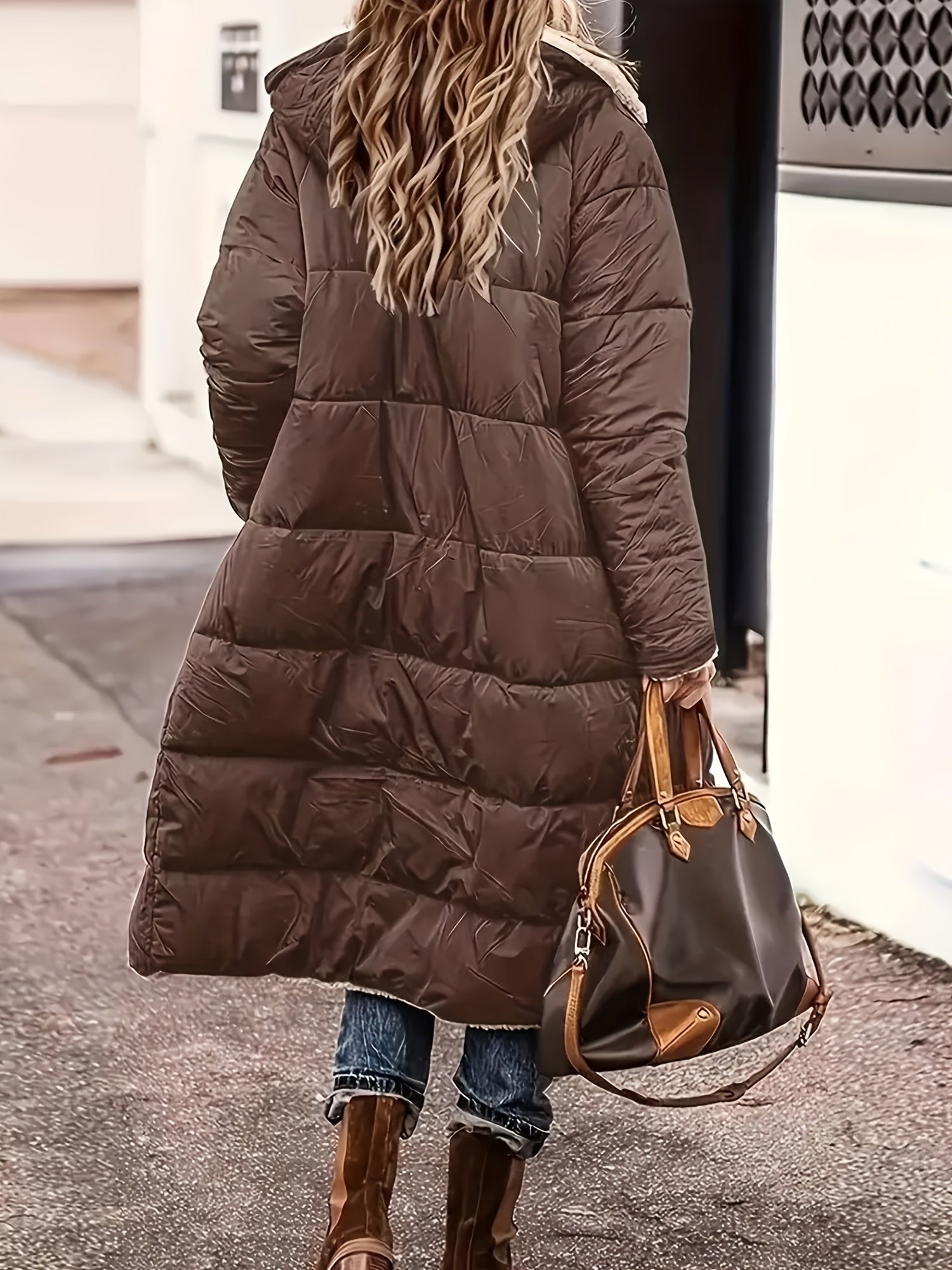 Ellena Long Puffer Coat with Deep Pockets and Channel Quilting - Brown