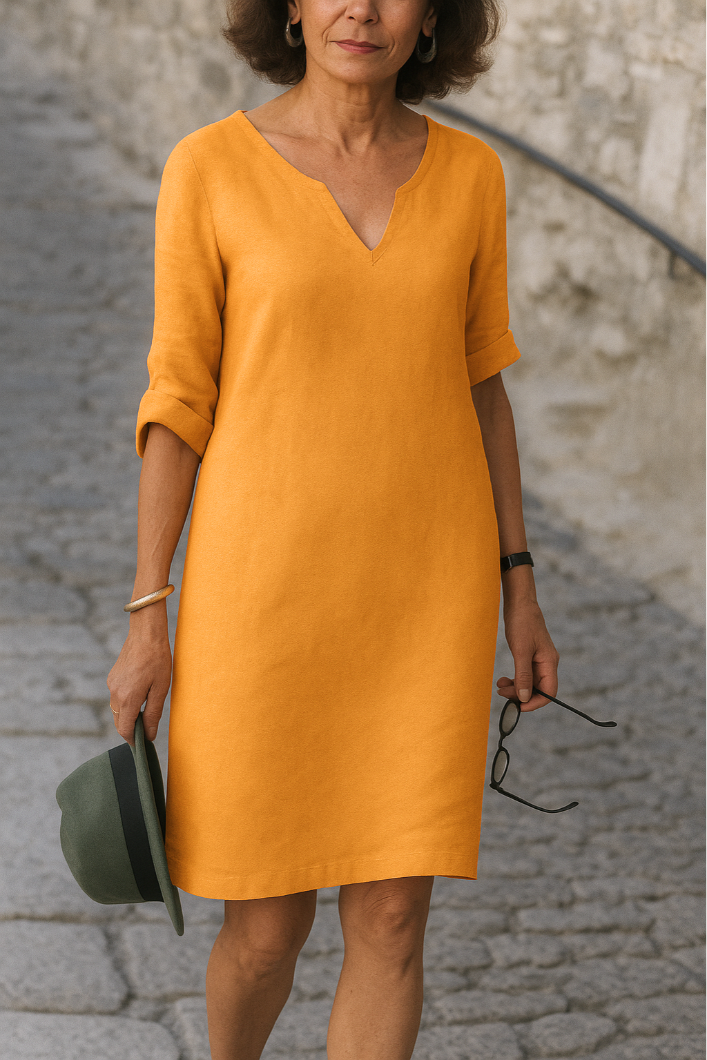 Elvy Notch Neck Dress with Roll-Tab Sleeves and Straight Hem - Orange