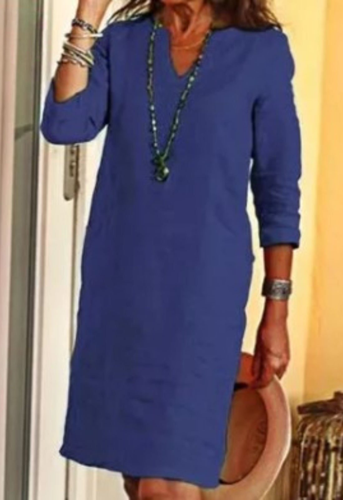 Elvy Notch Neck Dress with Roll-Tab Sleeves and Straight Hem