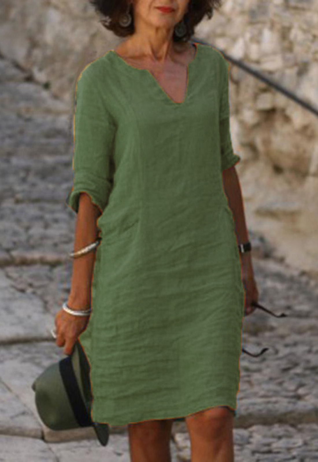 Elvy Notch Neck Dress with Roll-Tab Sleeves and Straight Hem - Green