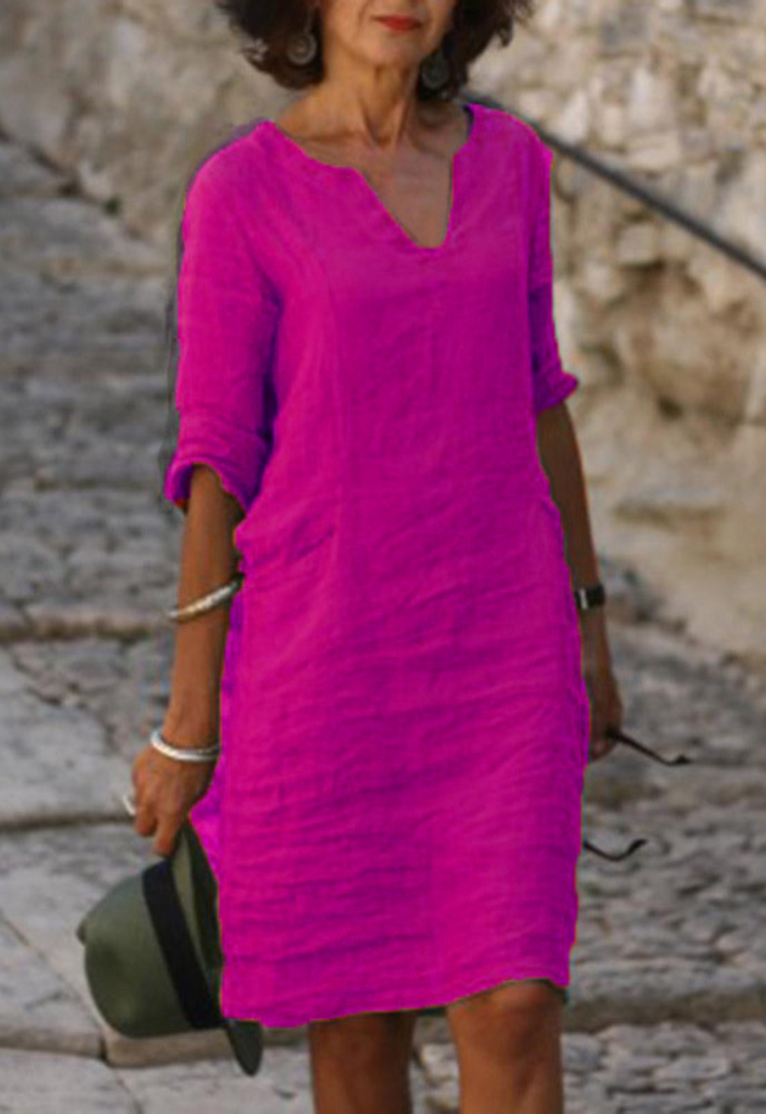 Elvy Notch Neck Dress with Roll-Tab Sleeves and Straight Hem - Violet