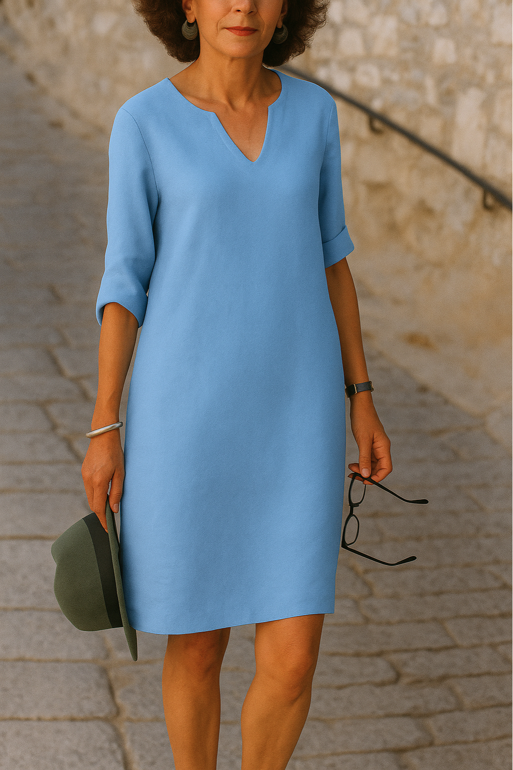 Elvy Notch Neck Dress with Roll-Tab Sleeves and Straight Hem - Light Blue
