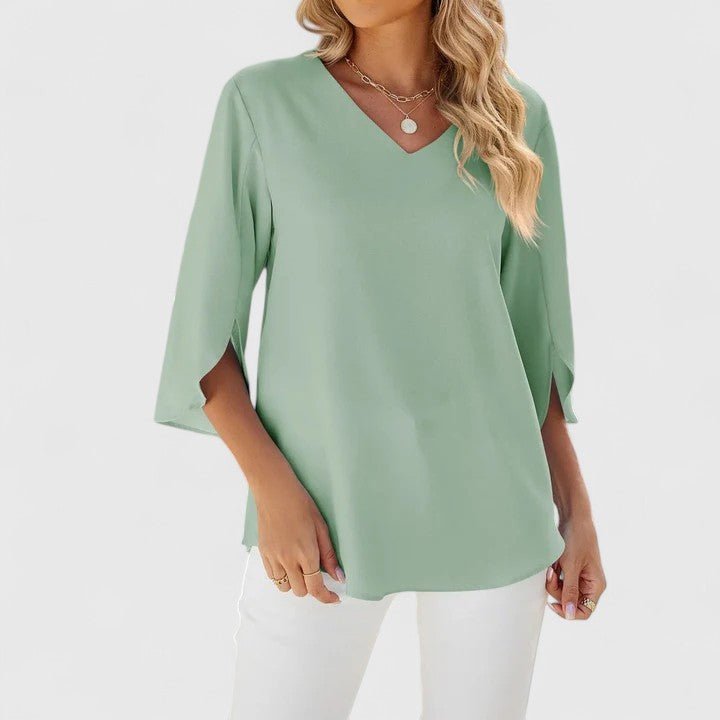 Emilia Chiffon Blouse with Ruffle Trim and Short Sleeves - Green