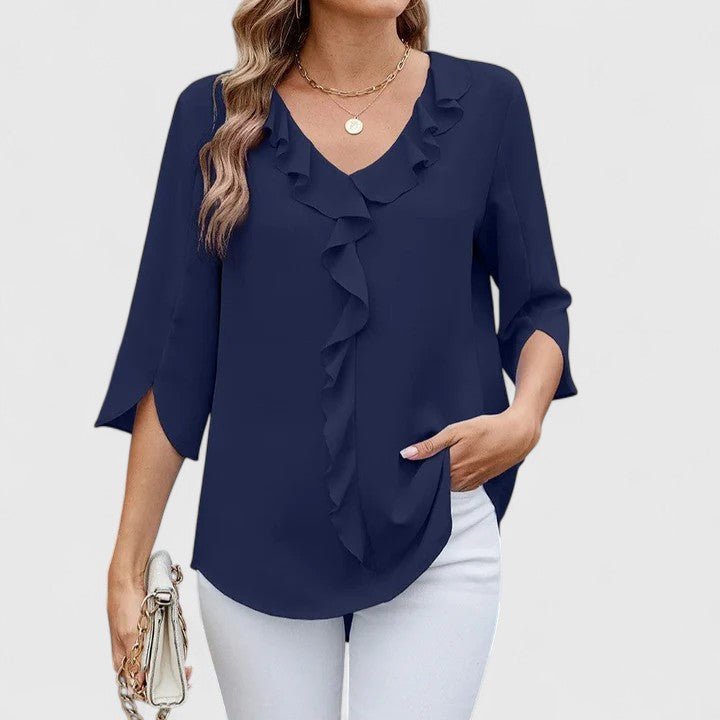 Emilia Chiffon Blouse with Ruffle Trim and Short Sleeves - Classic Blue