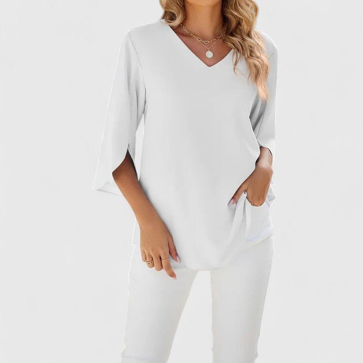 Emilia Chiffon Blouse with Ruffle Trim and Short Sleeves - White