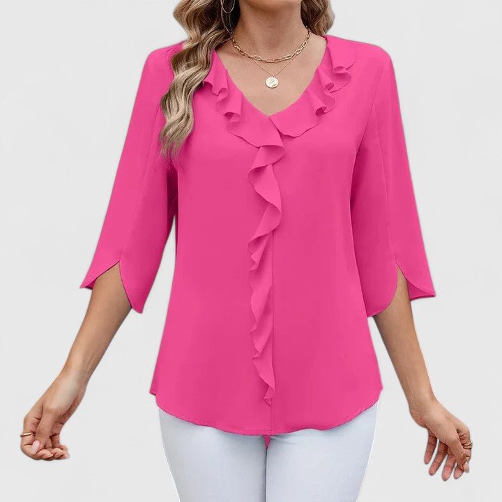 Emilia Chiffon Blouse with Ruffle Trim and Short Sleeves - Pink