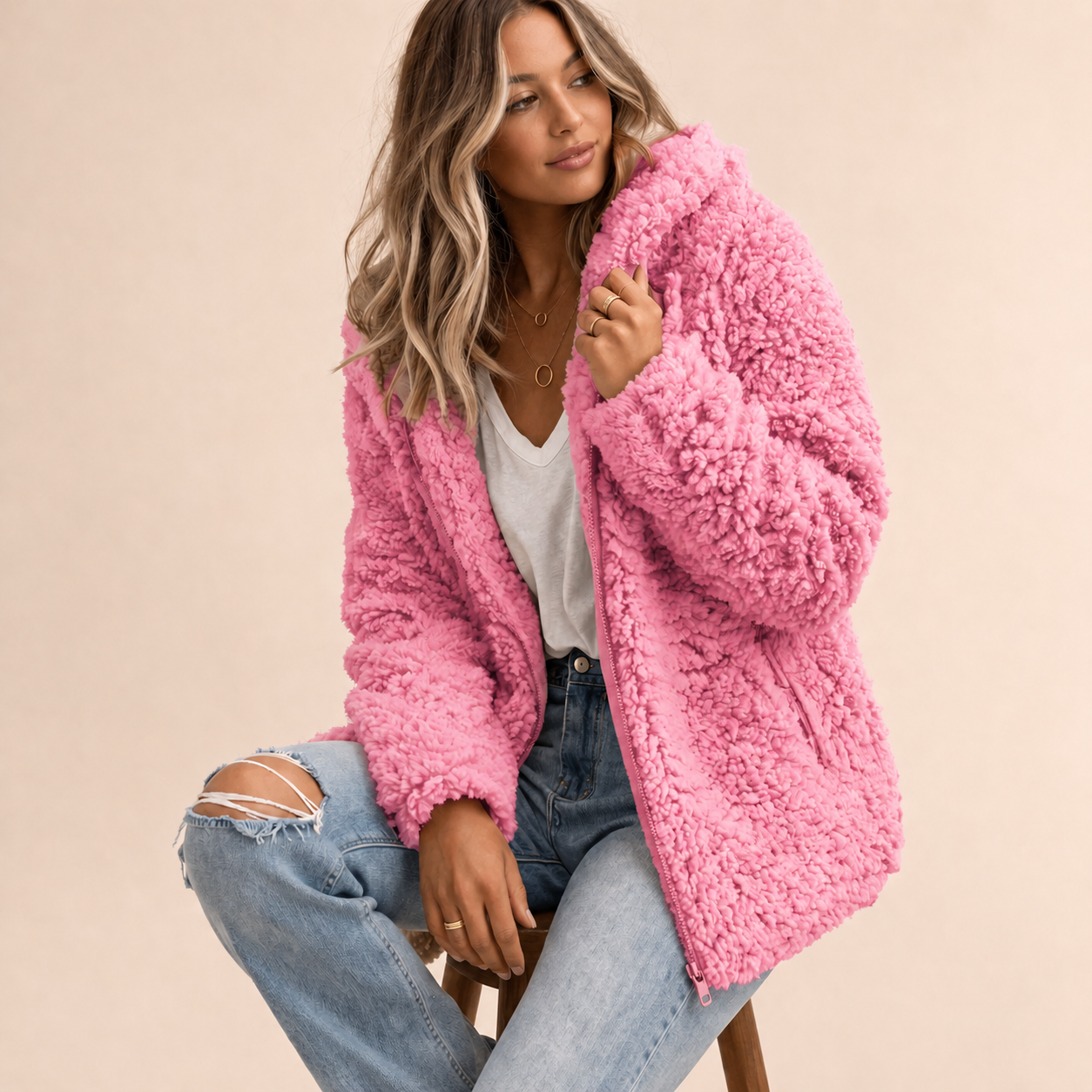 Emily Fuzzy Hooded Coat with Open Front and Side Pockets - Pink