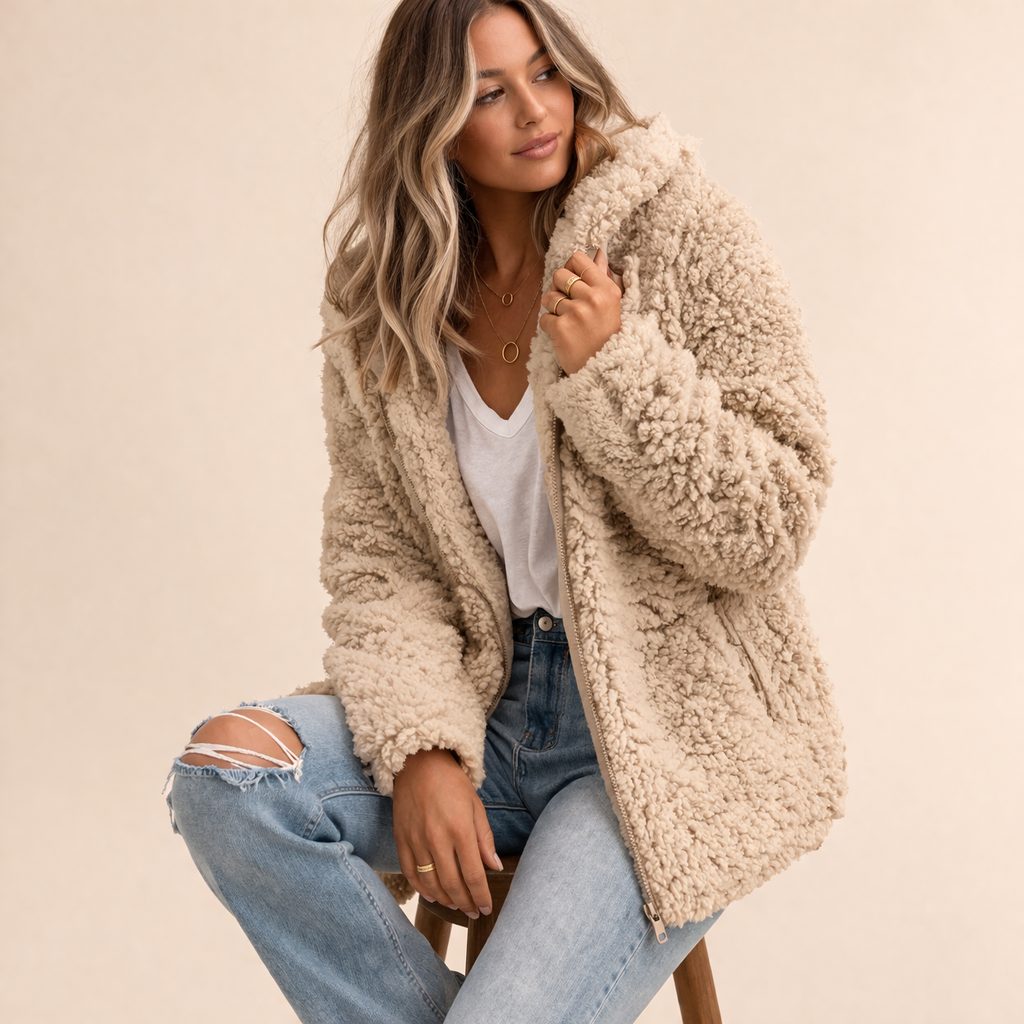 Emily Fuzzy Hooded Coat with Open Front and Side Pockets - Beige