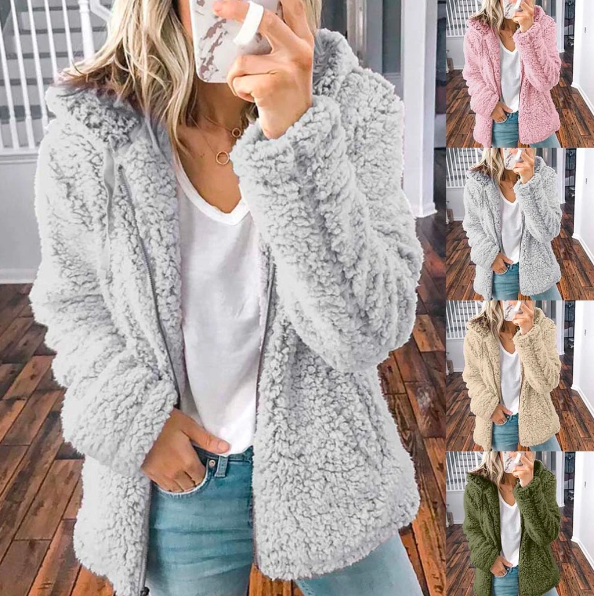 Emily Fuzzy Hooded Coat with Open Front and Side Pockets