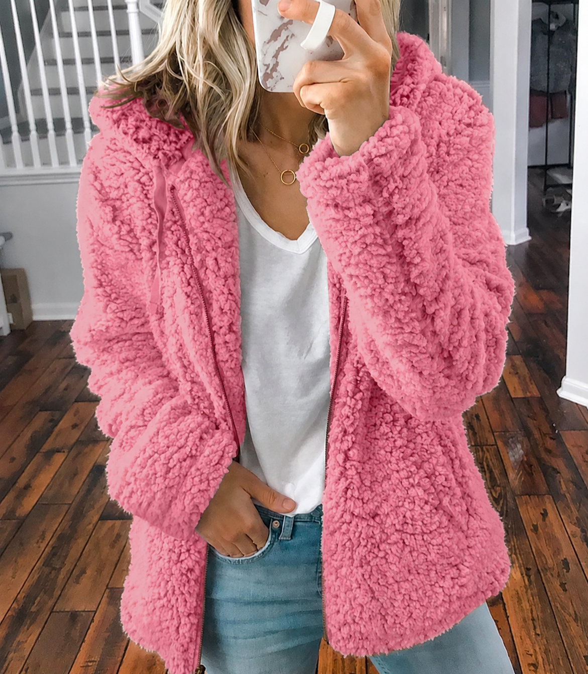 Emily Fuzzy Hooded Coat with Open Front and Side Pockets - Pink
