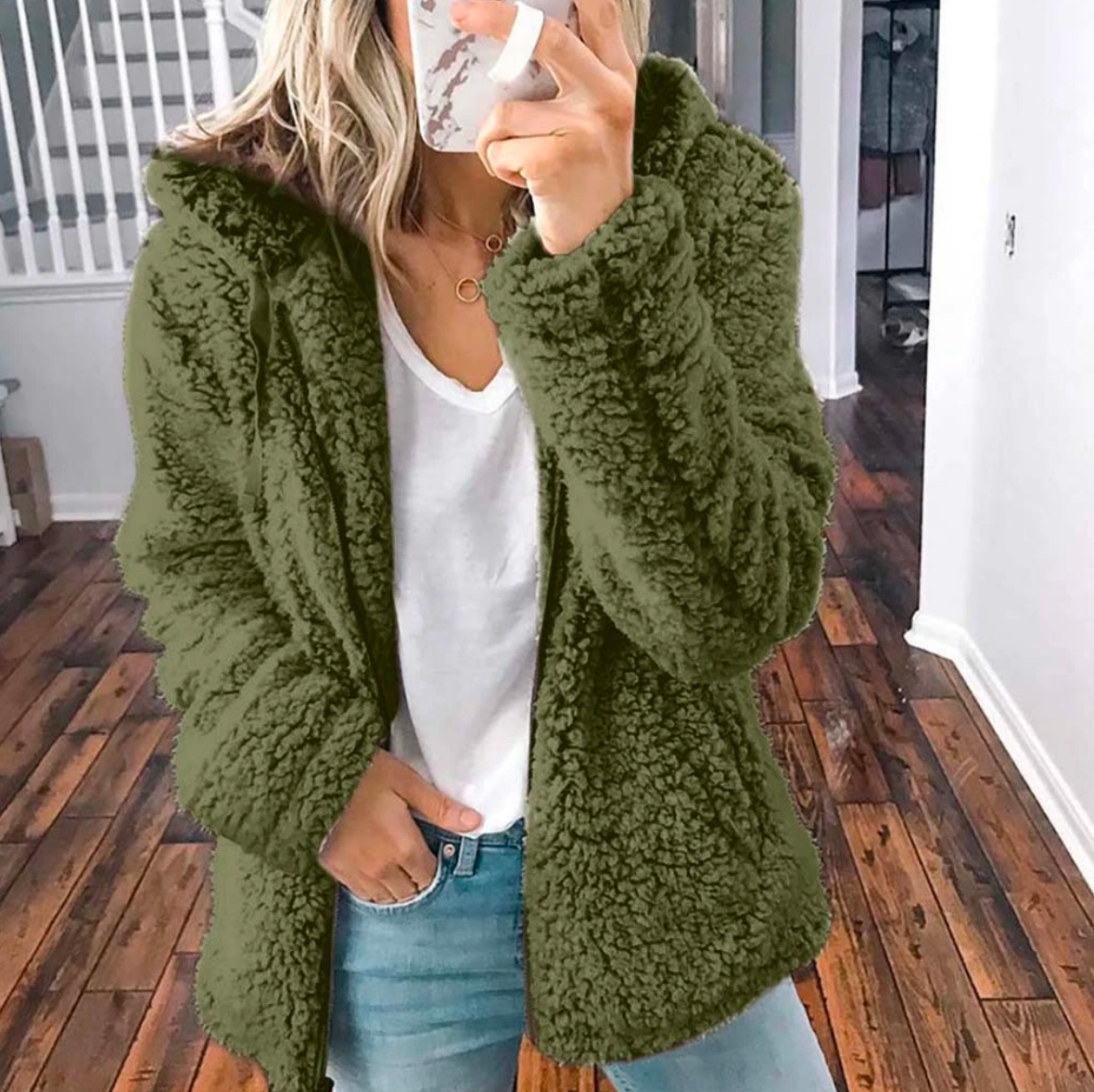 Emily Fuzzy Hooded Coat with Open Front and Side Pockets - Green