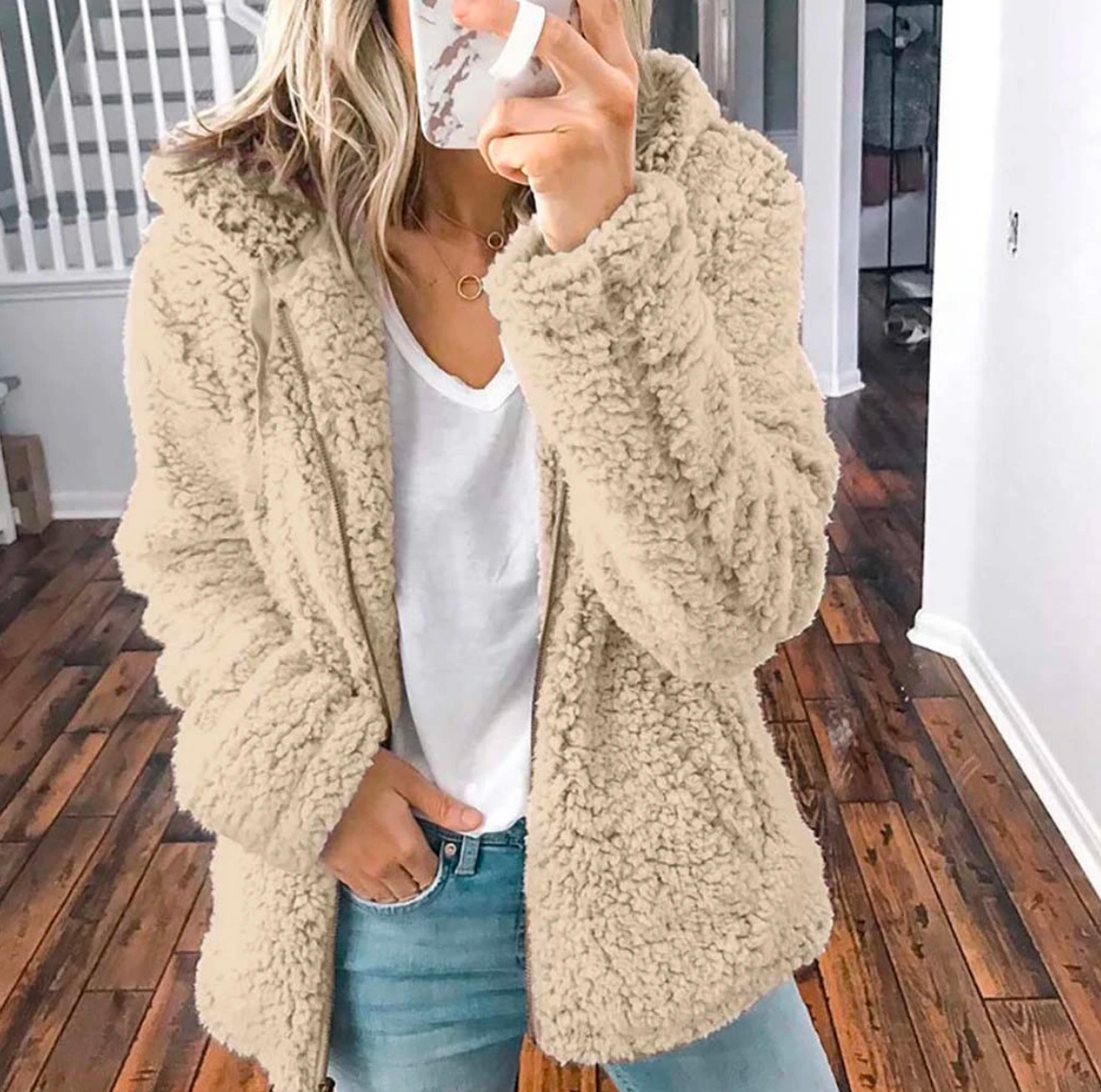 Emily Fuzzy Hooded Coat with Open Front and Side Pockets - Beige