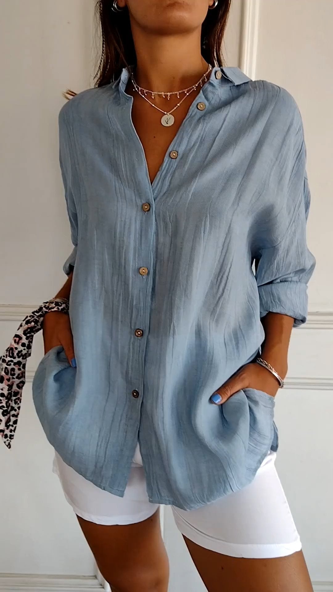 Emily Oversized Button-Up Shirt with Drop Shoulder and Wide Cuff - Blue