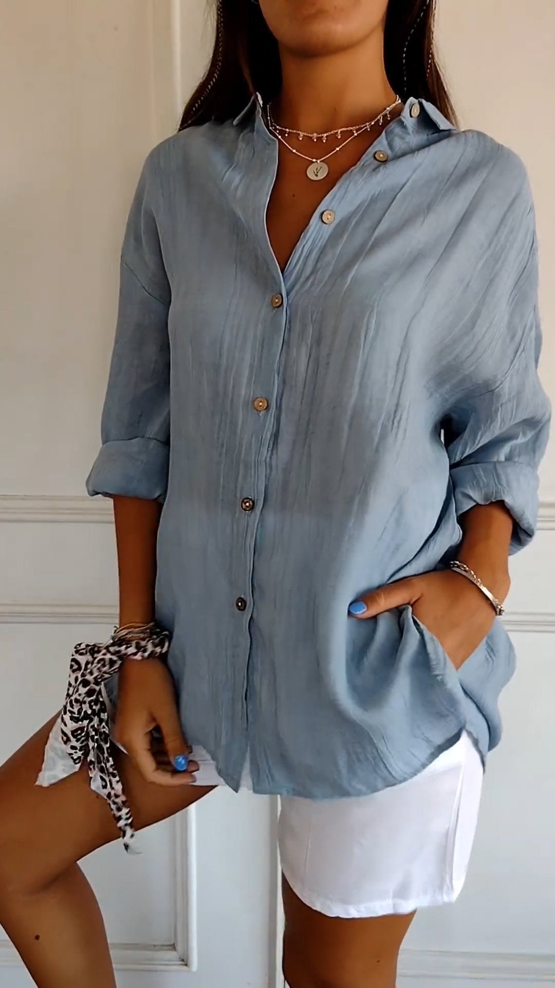 Emily Oversized Button-Up Shirt with Drop Shoulder and Wide Cuff - Blue
