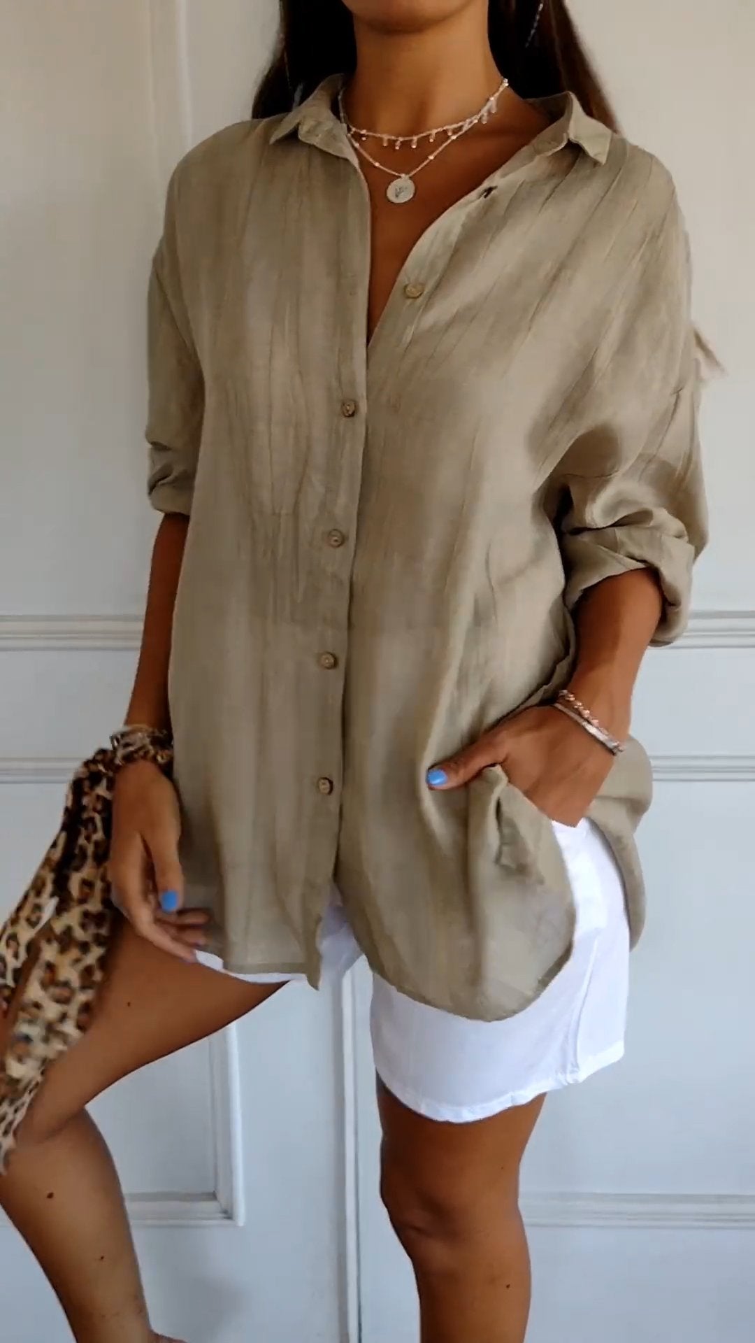 Emily Oversized Button-Up Shirt with Drop Shoulder and Wide Cuff - Brown
