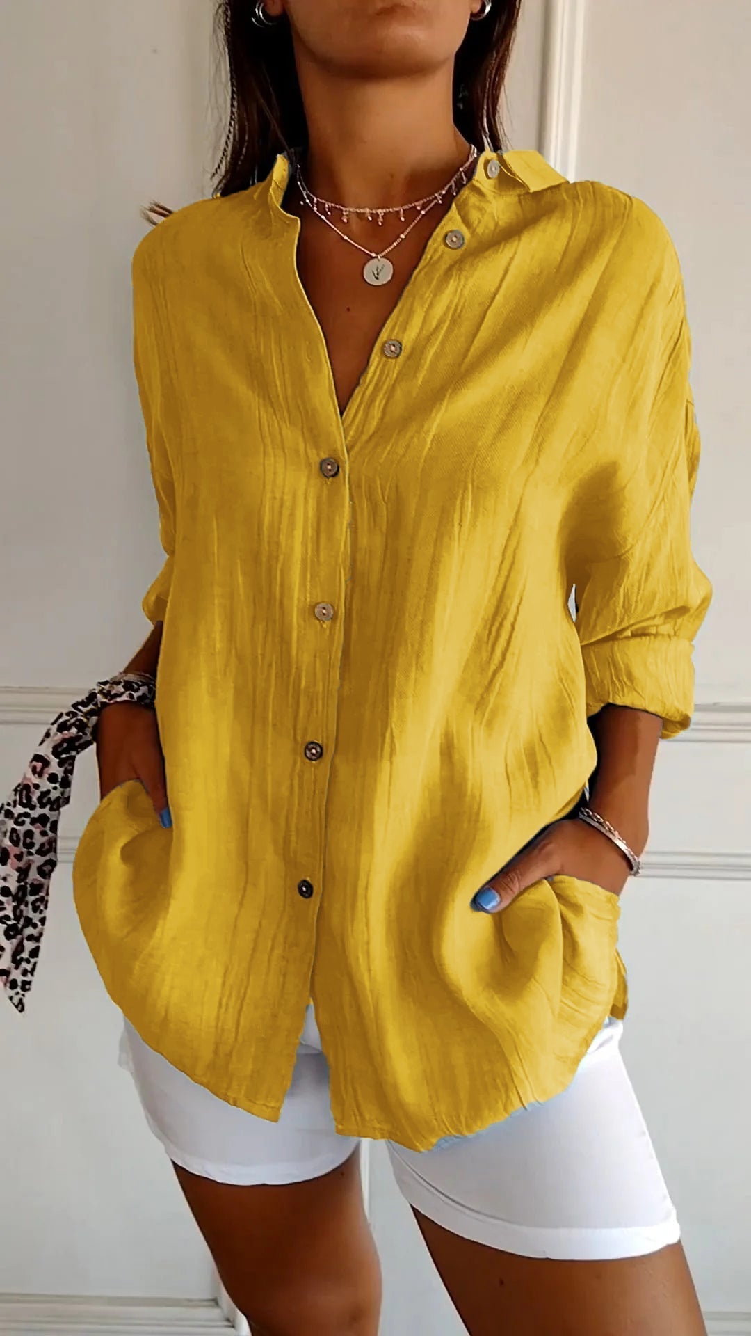 Emily Oversized Button-Up Shirt with Drop Shoulder and Wide Cuff - Yellow