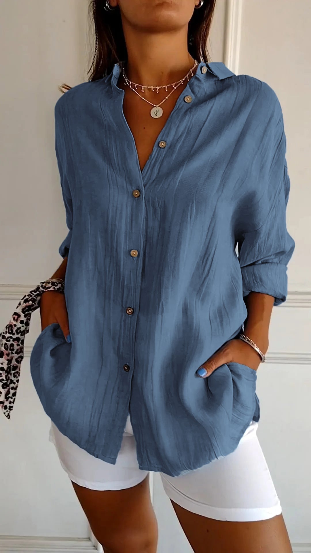 Emily Oversized Button-Up Shirt with Drop Shoulder and Wide Cuff - Navy