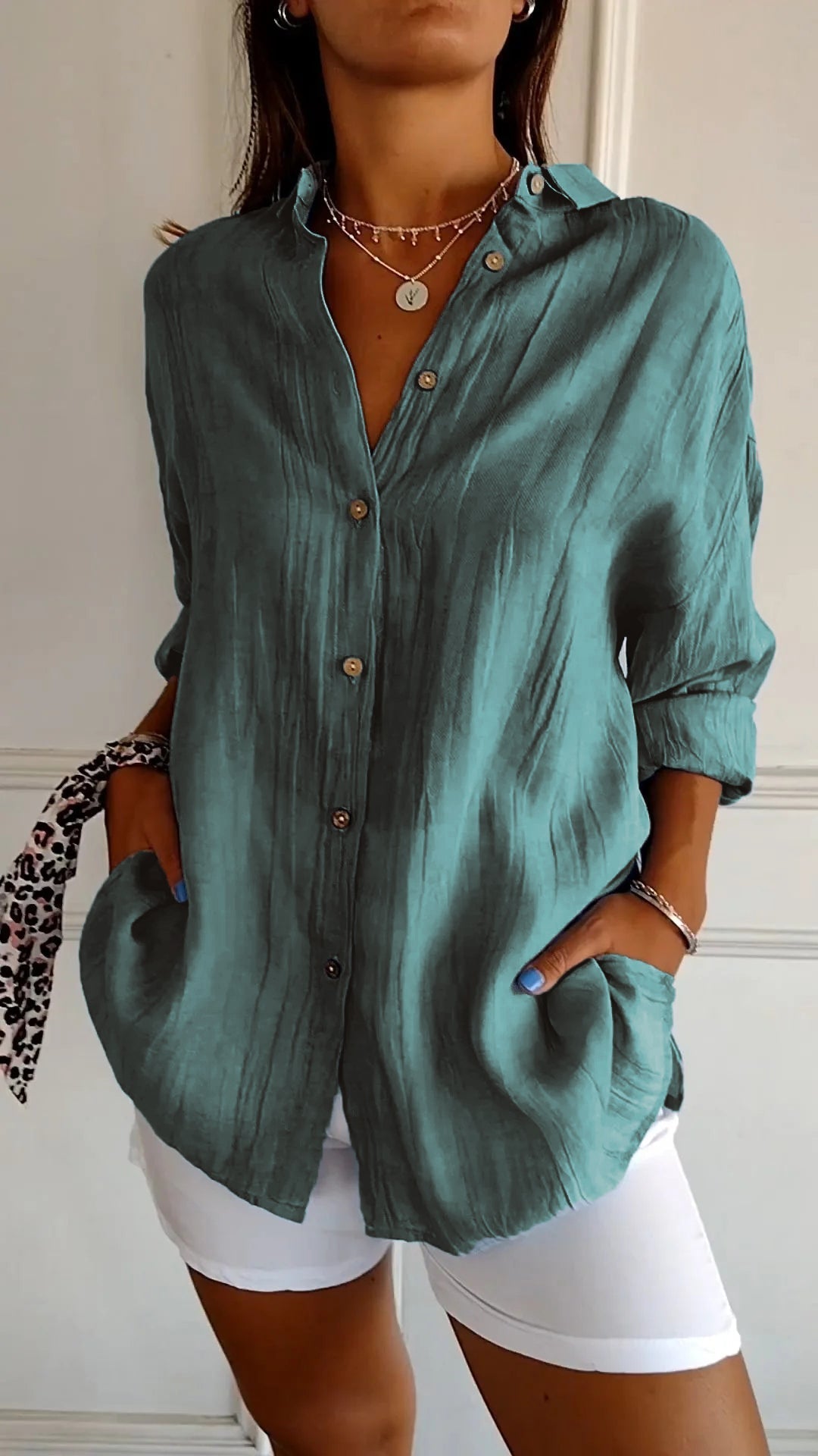 Emily Oversized Button-Up Shirt with Drop Shoulder and Wide Cuff - Blue Green