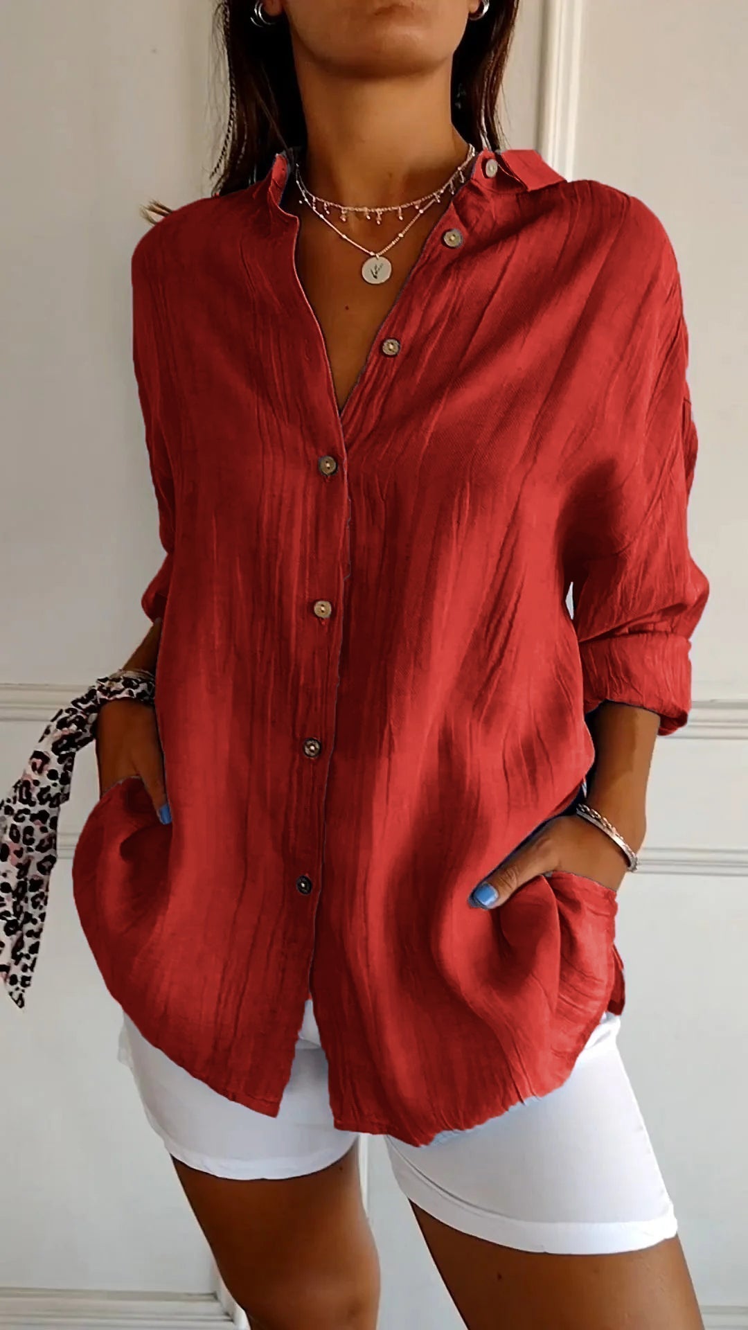 Emily Oversized Button-Up Shirt with Drop Shoulder and Wide Cuff - Red