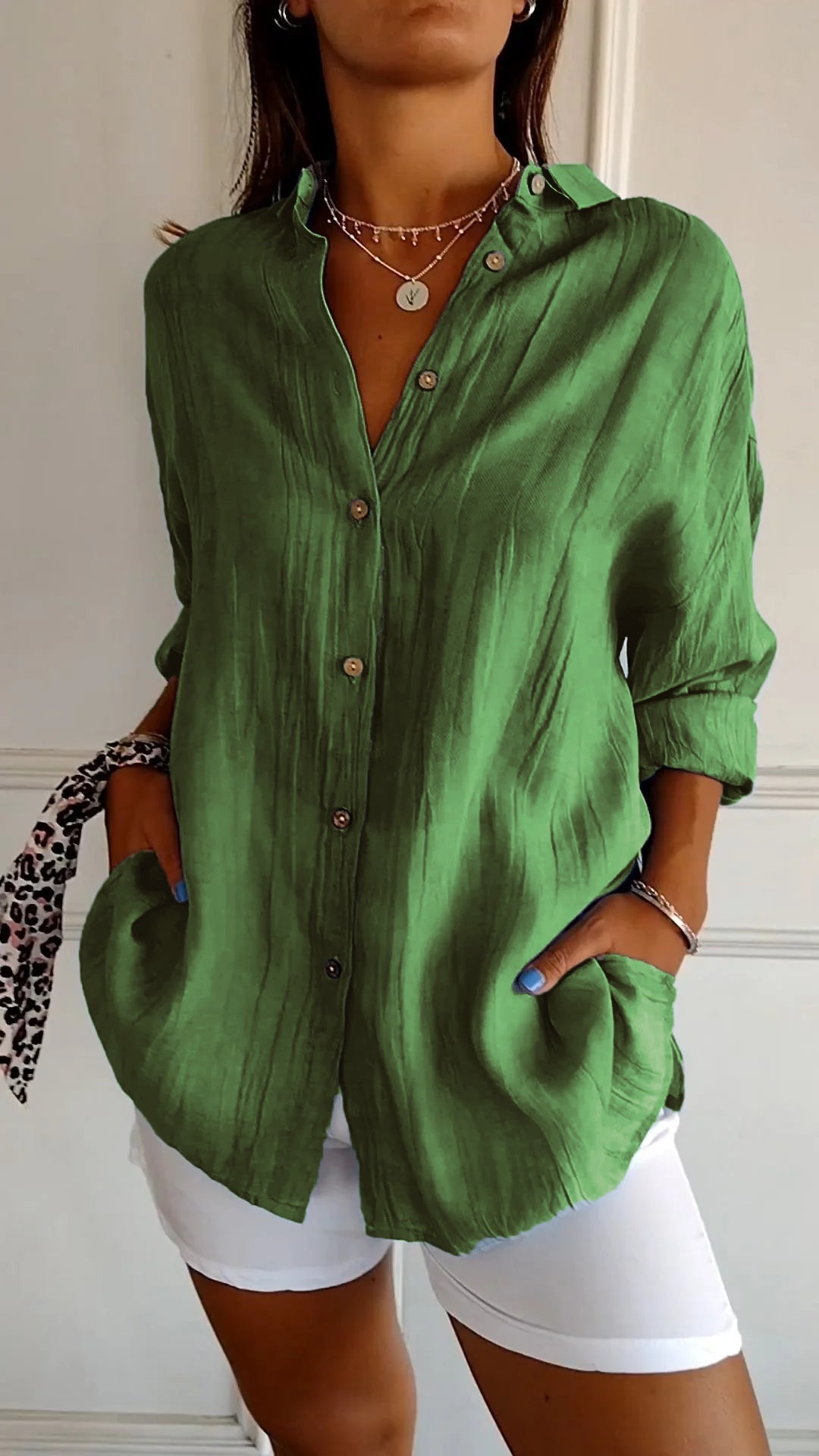 Emily Oversized Button-Up Shirt with Drop Shoulder and Wide Cuff - Green