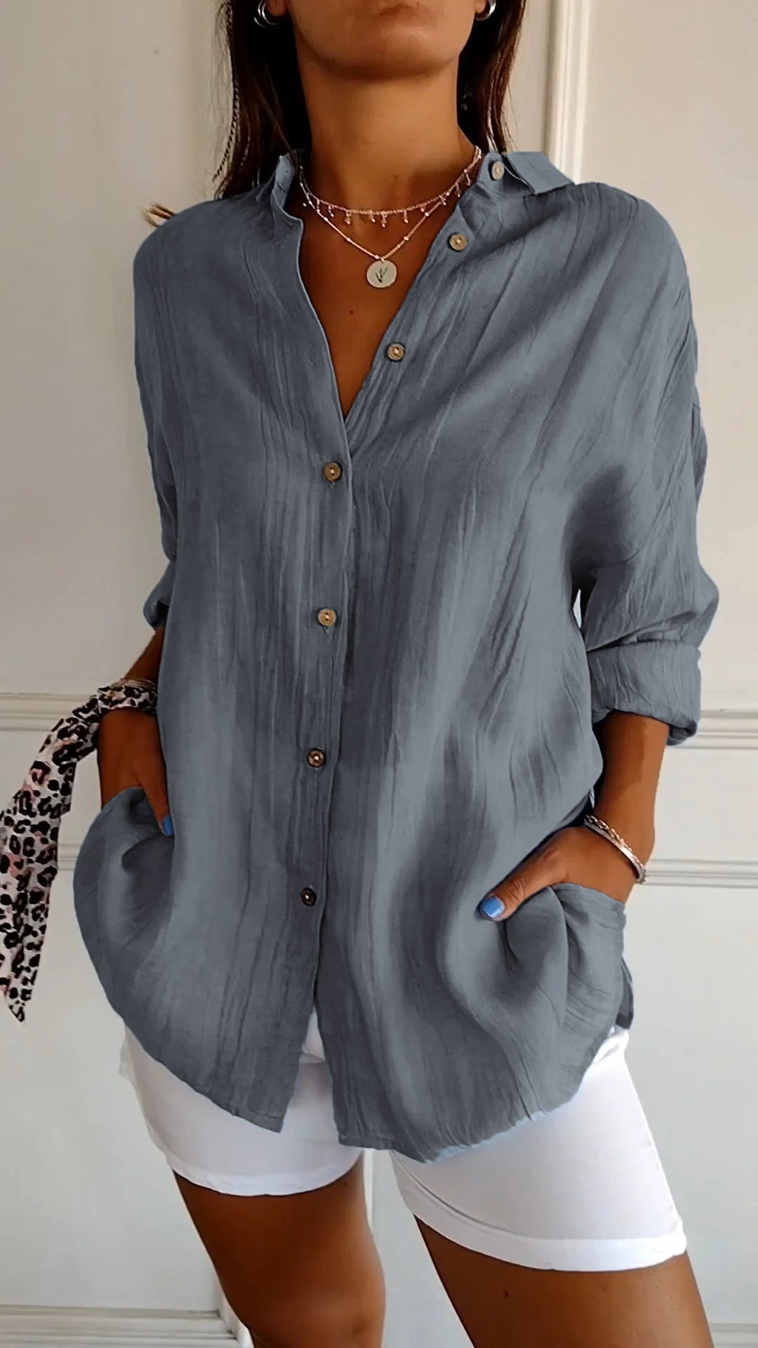 Emily Oversized Button-Up Shirt with Drop Shoulder and Wide Cuff - Gray
