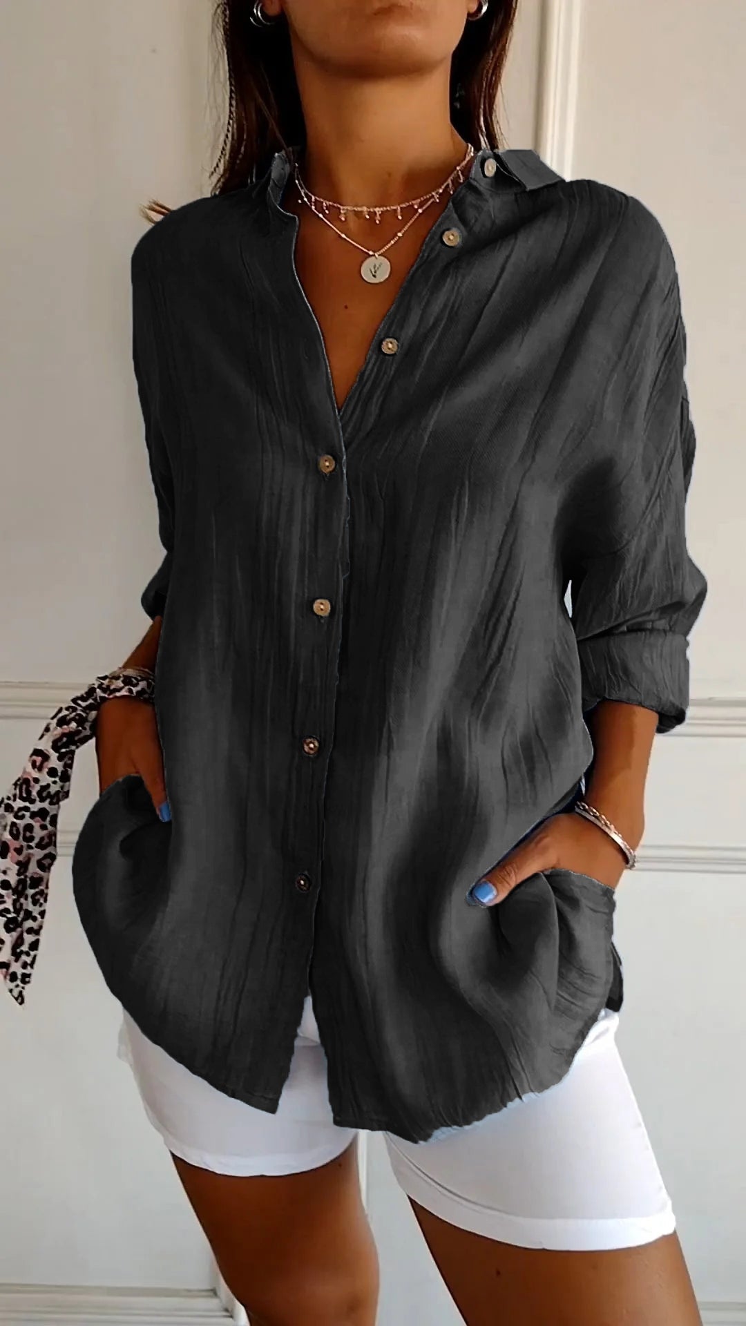Emily Oversized Button-Up Shirt with Drop Shoulder and Wide Cuff - Black