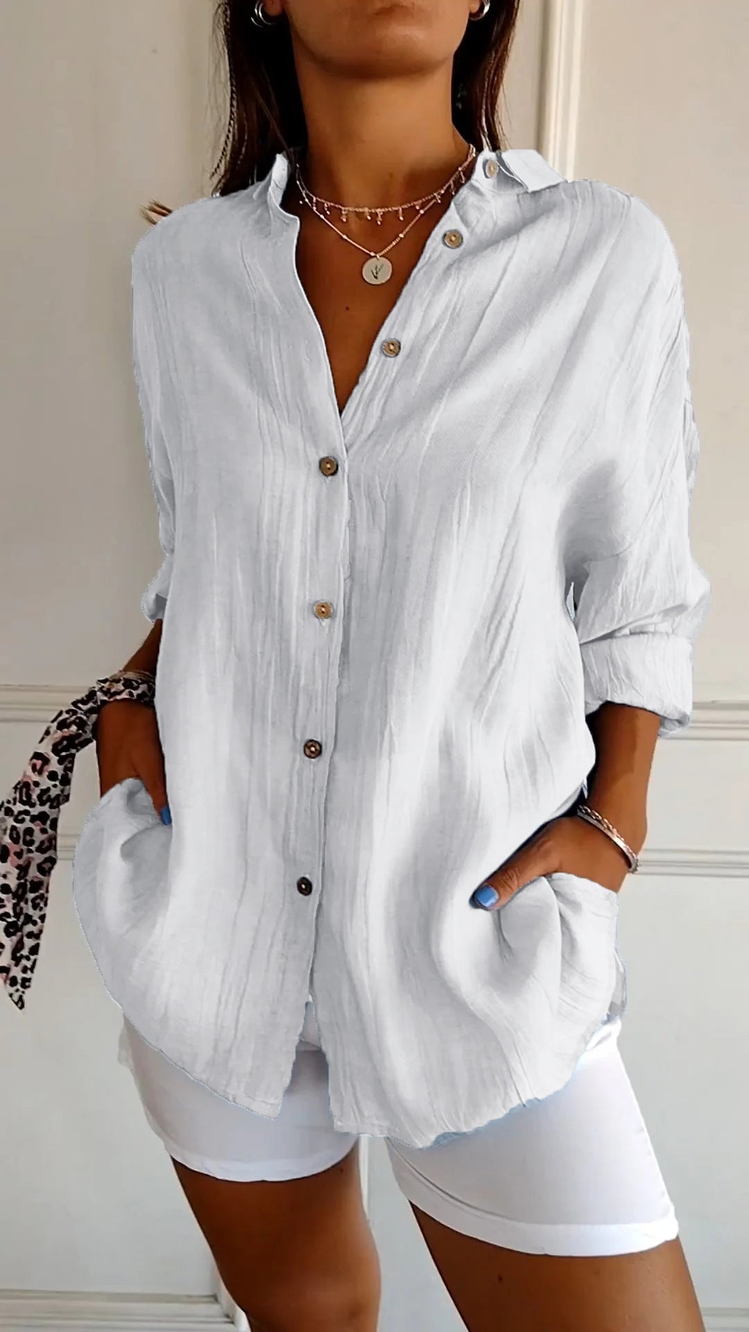 Emily Oversized Button-Up Shirt with Drop Shoulder and Wide Cuff - White
