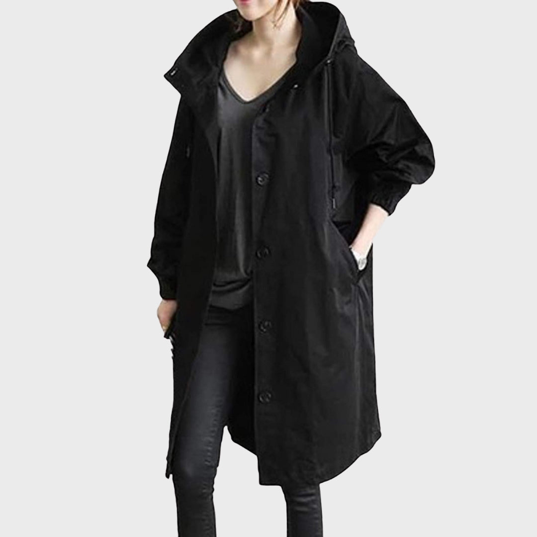 Emmie Hooded Trench Coat with Patch Pockets and Yoke - Black