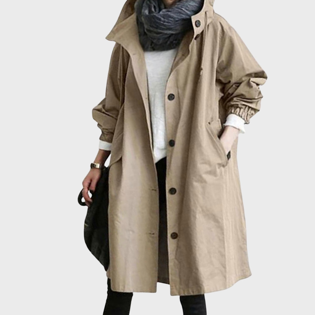 Emmie Hooded Trench Coat with Patch Pockets and Yoke - Khaki