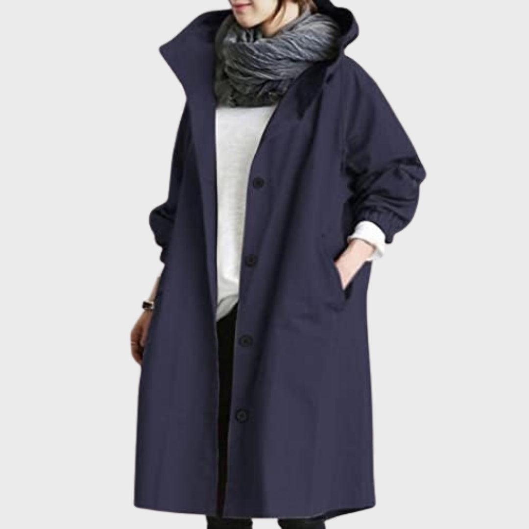 Emmie Hooded Trench Coat with Patch Pockets and Yoke - Navy