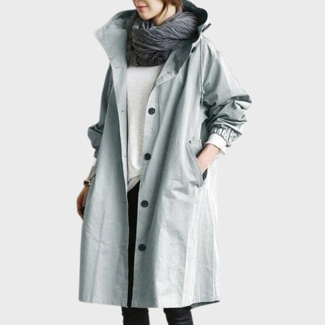Emmie Hooded Trench Coat with Patch Pockets and Yoke - Light Blue
