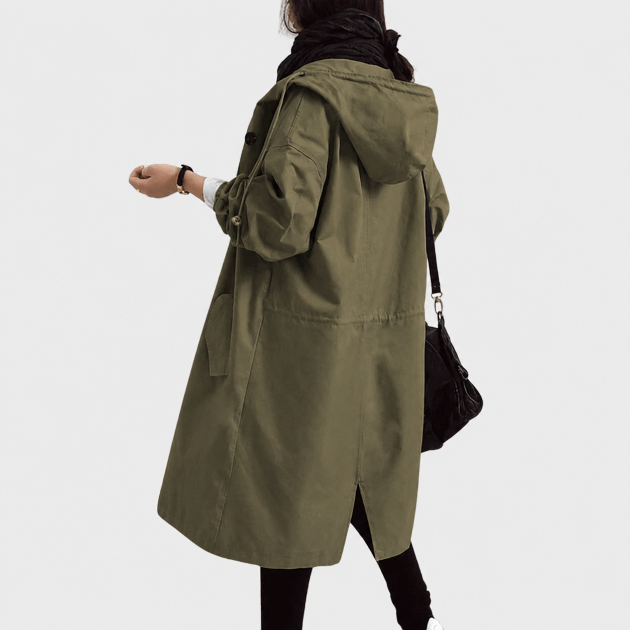 Emmie Hooded Trench Coat with Patch Pockets and Yoke - Army Green