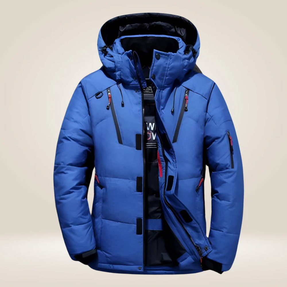 Eric Men's Puffer Jacket with Stand Collar and Hip Hem - Blue