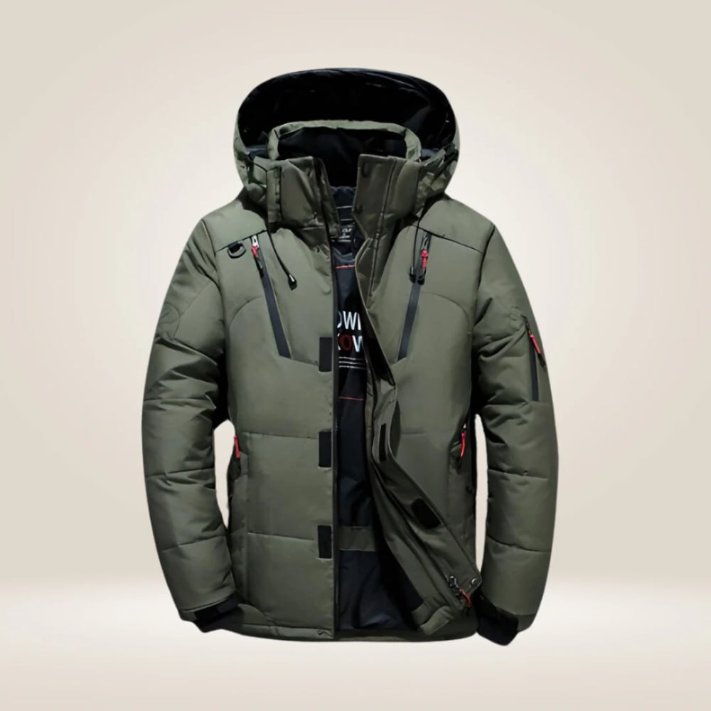 Eric Men's Puffer Jacket with Stand Collar and Hip Hem - Green