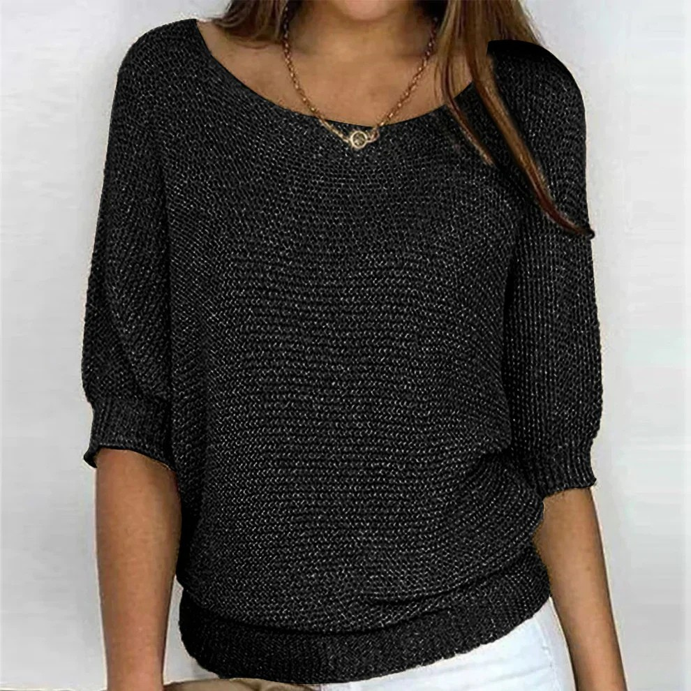 Euna Boat Neck Knit Sweater with Three-Quarter Sleeves - Black