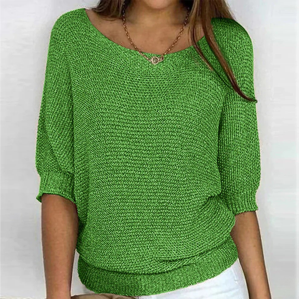 Euna Boat Neck Knit Sweater with Three-Quarter Sleeves - Green