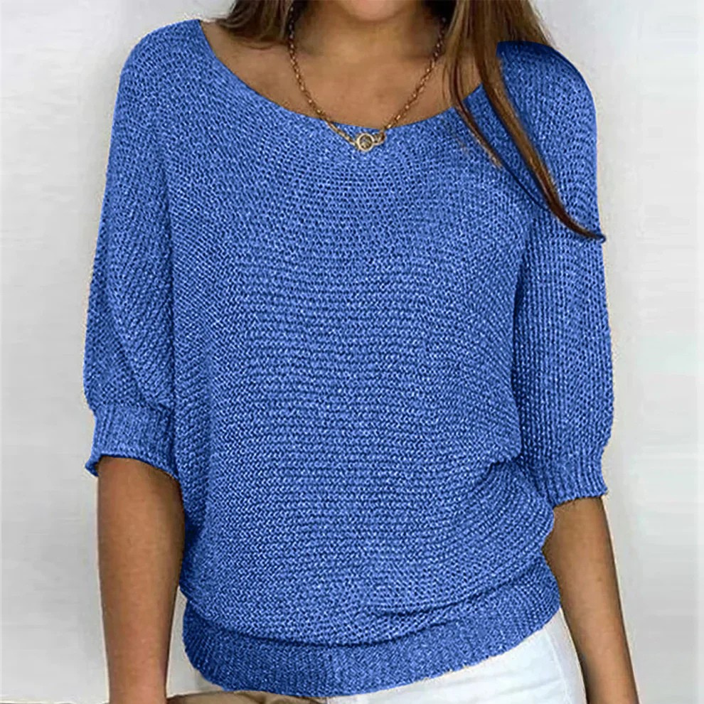 Euna Boat Neck Knit Sweater with Three-Quarter Sleeves - Blue