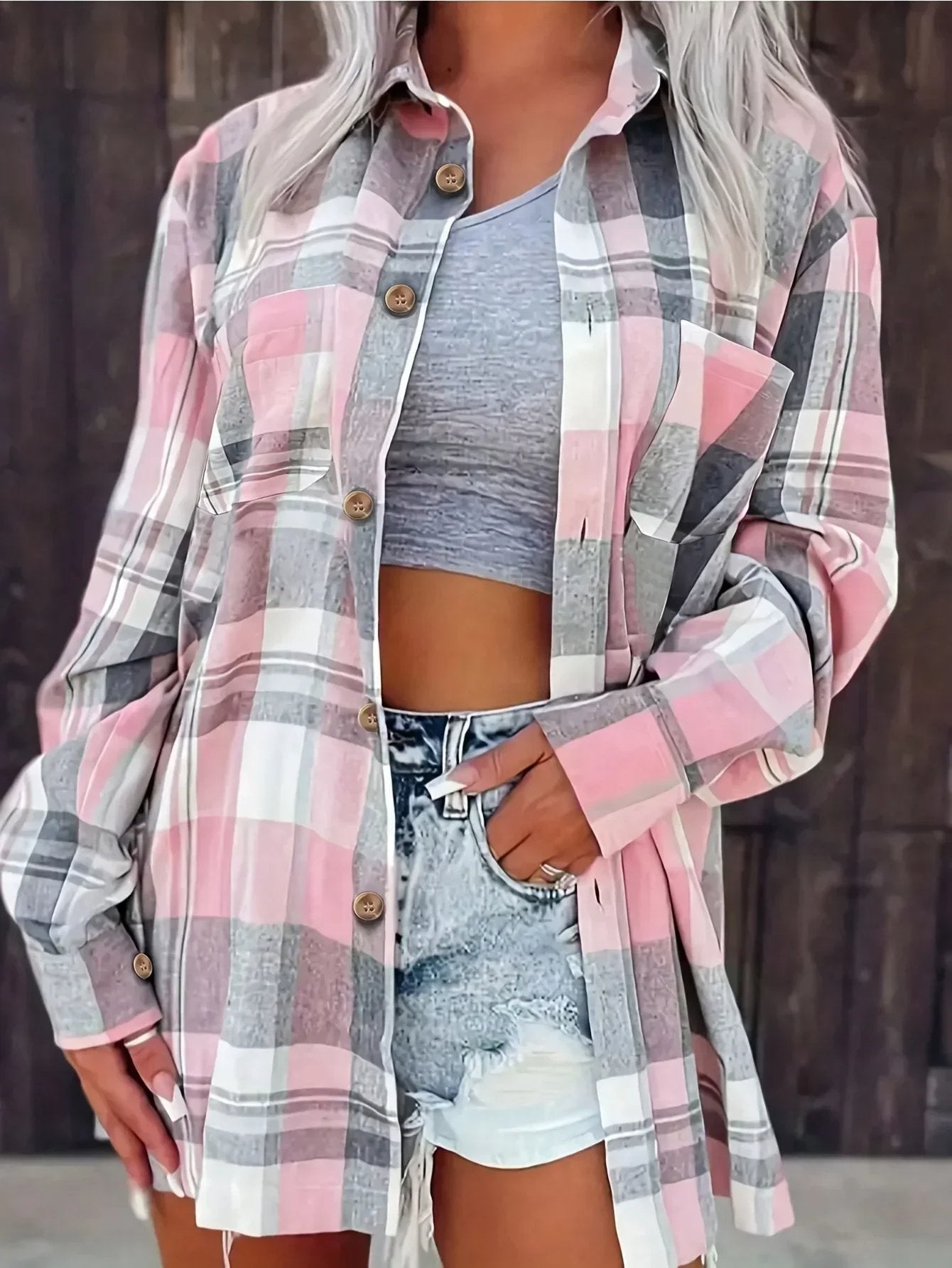Eva Plaid Flannel Shirt Jacket with Chest Pockets - Pink