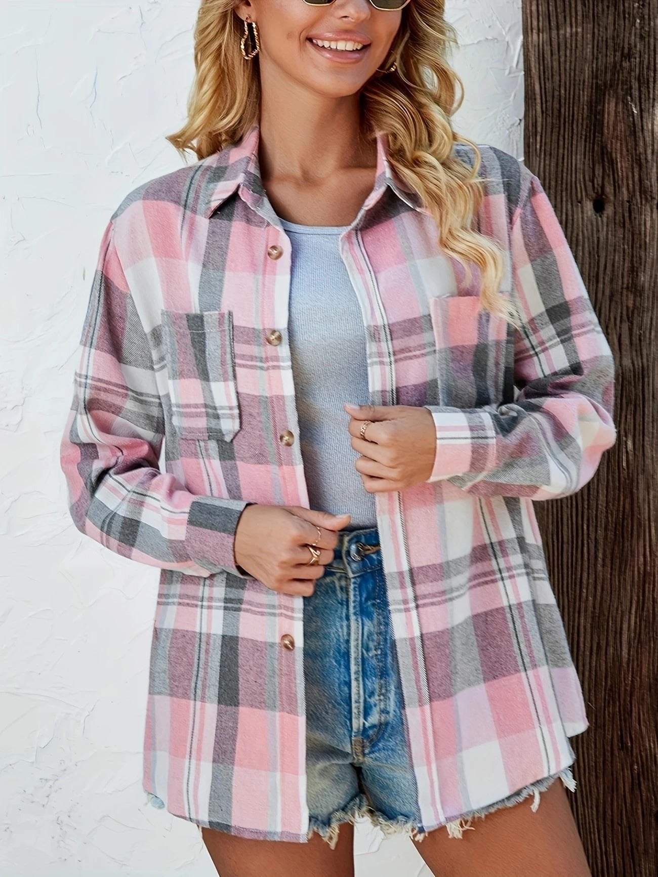 Eva Plaid Flannel Shirt Jacket with Chest Pockets - Pink