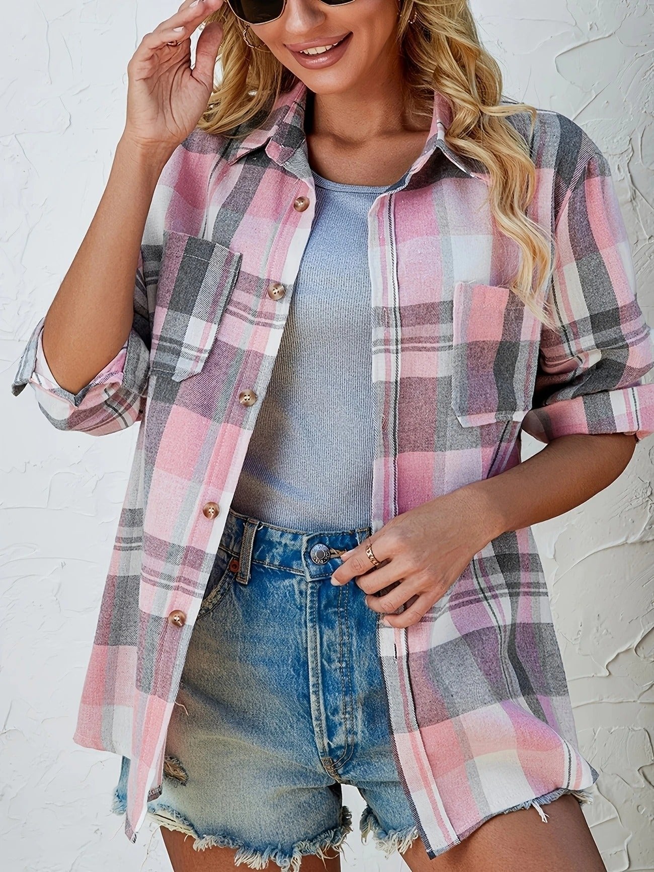 Eva Plaid Flannel Shirt Jacket with Chest Pockets - Pink