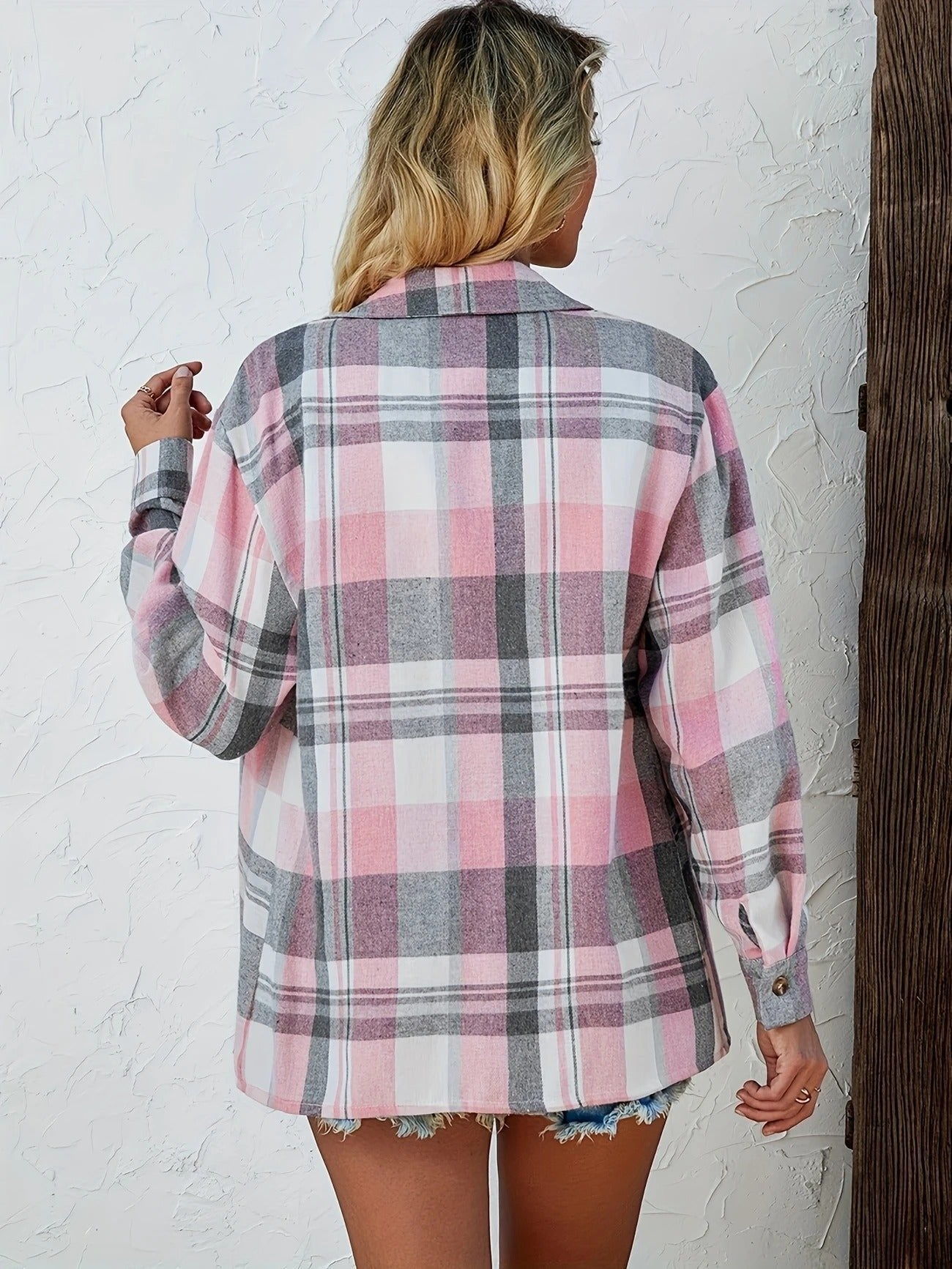 Eva Plaid Flannel Shirt Jacket with Chest Pockets - Pink