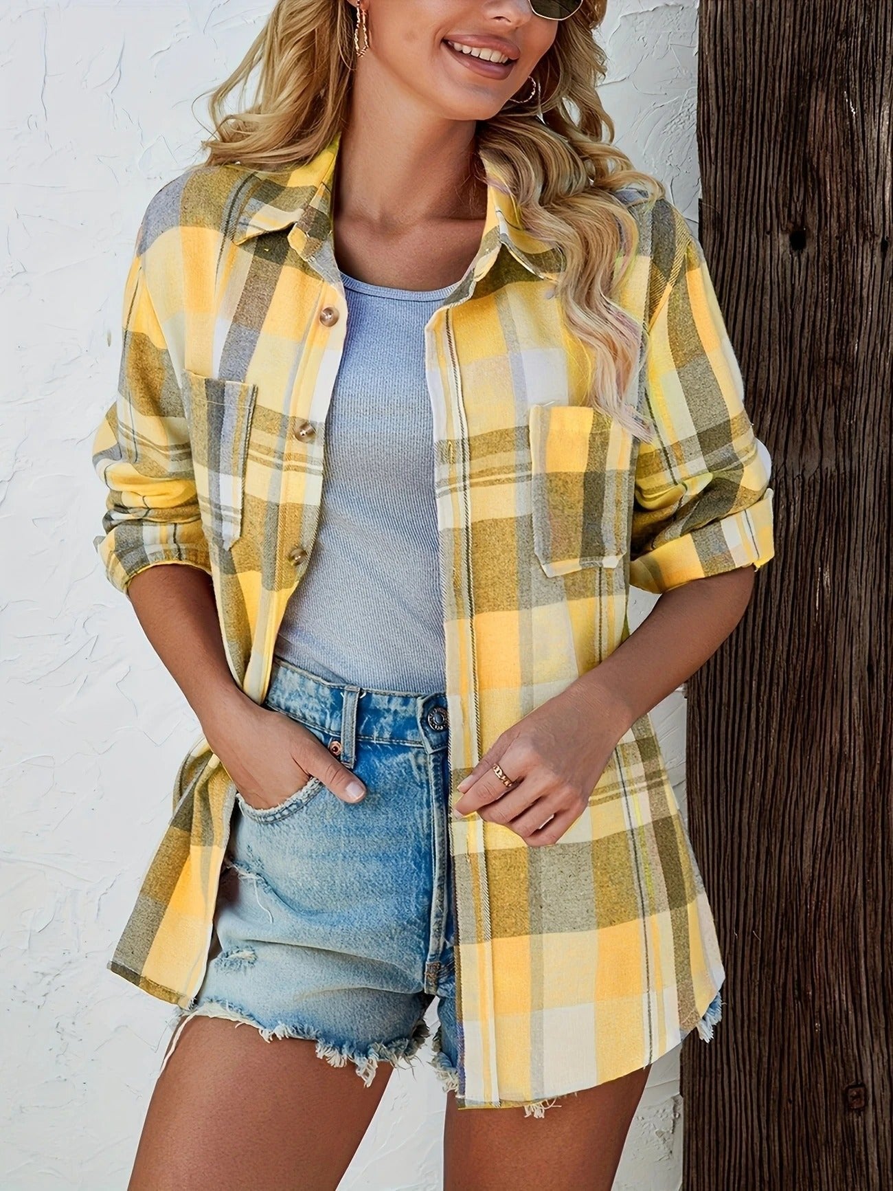 Eva Plaid Flannel Shirt Jacket with Chest Pockets - Yellow