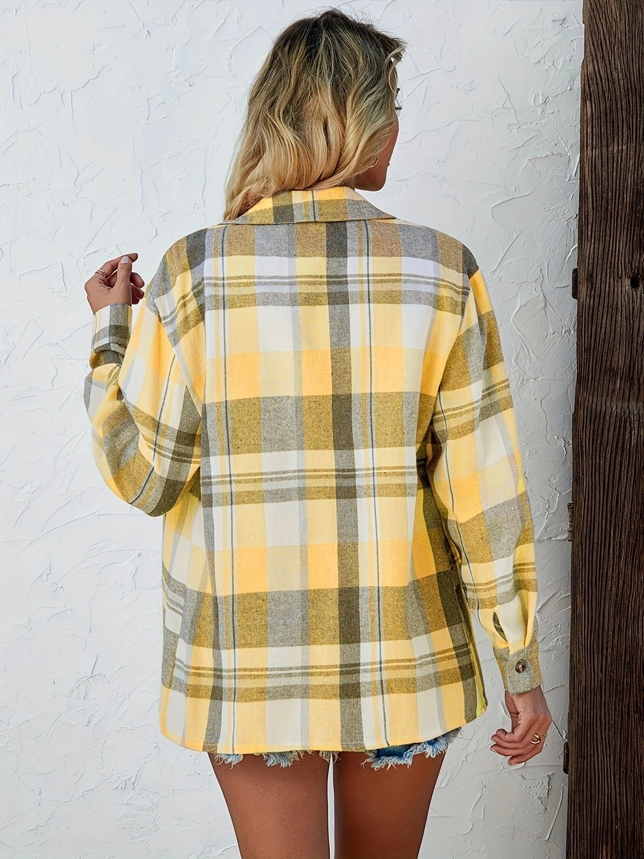 Eva Plaid Flannel Shirt Jacket with Chest Pockets - Yellow