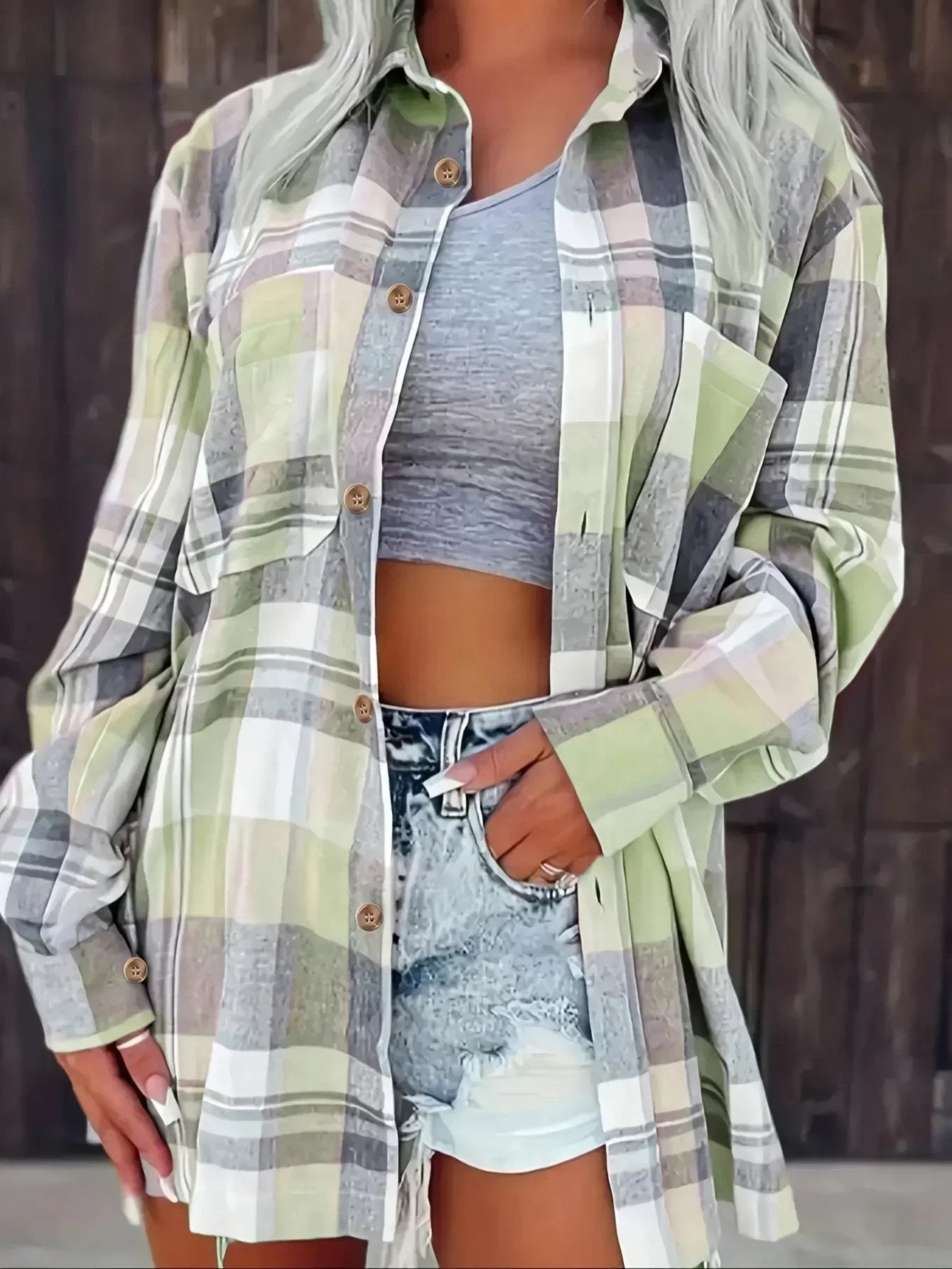 Eva Plaid Flannel Shirt Jacket with Chest Pockets - Green