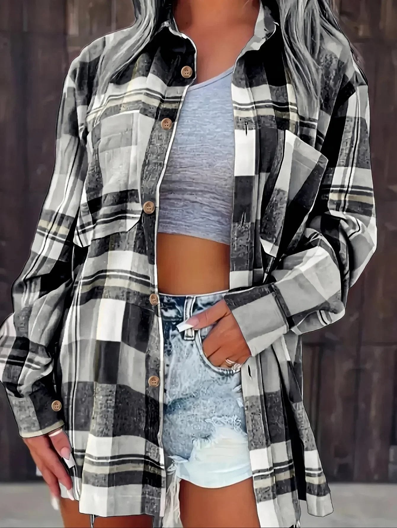 Eva Plaid Flannel Shirt Jacket with Chest Pockets - Black