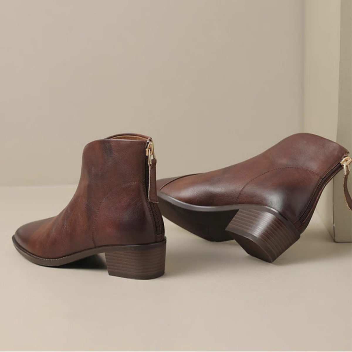 Felly Low Heel Ankle Boots with Zip Entry and Block Heel - Brown