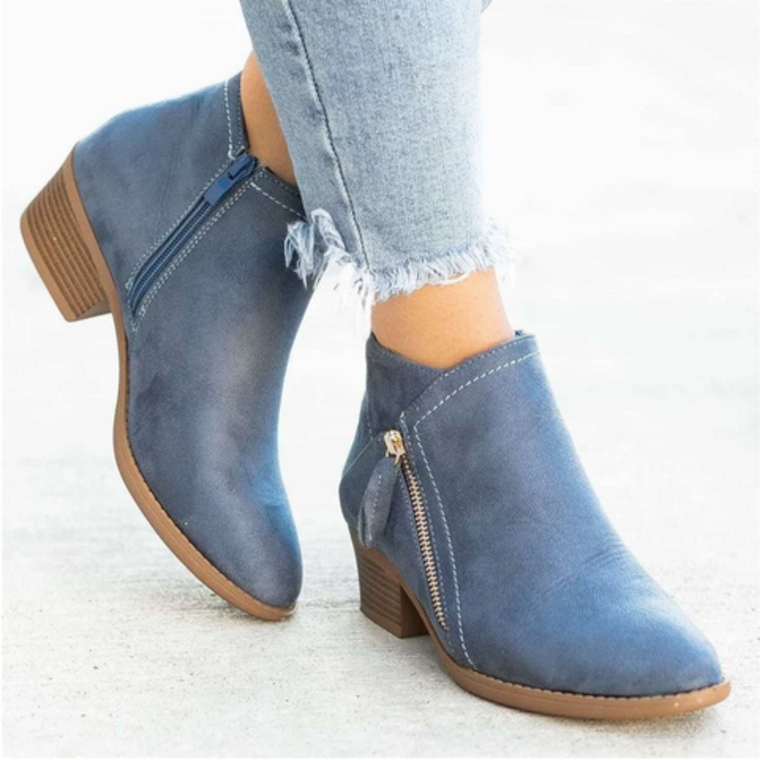 Friana Ankle Boots with Zip and Low Block Heel - Blue