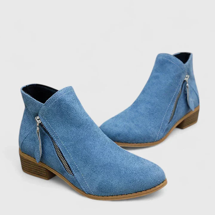 Friana Ankle Boots with Zip and Low Block Heel - Blue