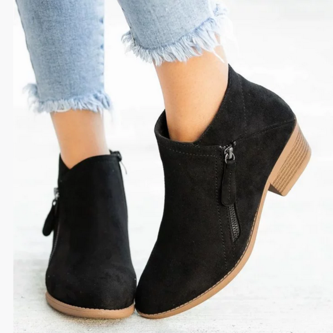 Friana Ankle Boots with Zip and Low Block Heel - Black