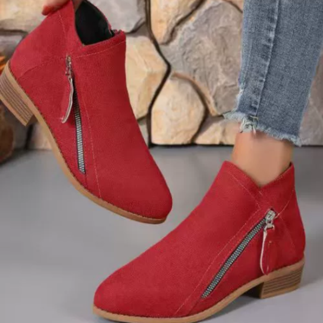 Friana Ankle Boots with Zip and Low Block Heel - Red